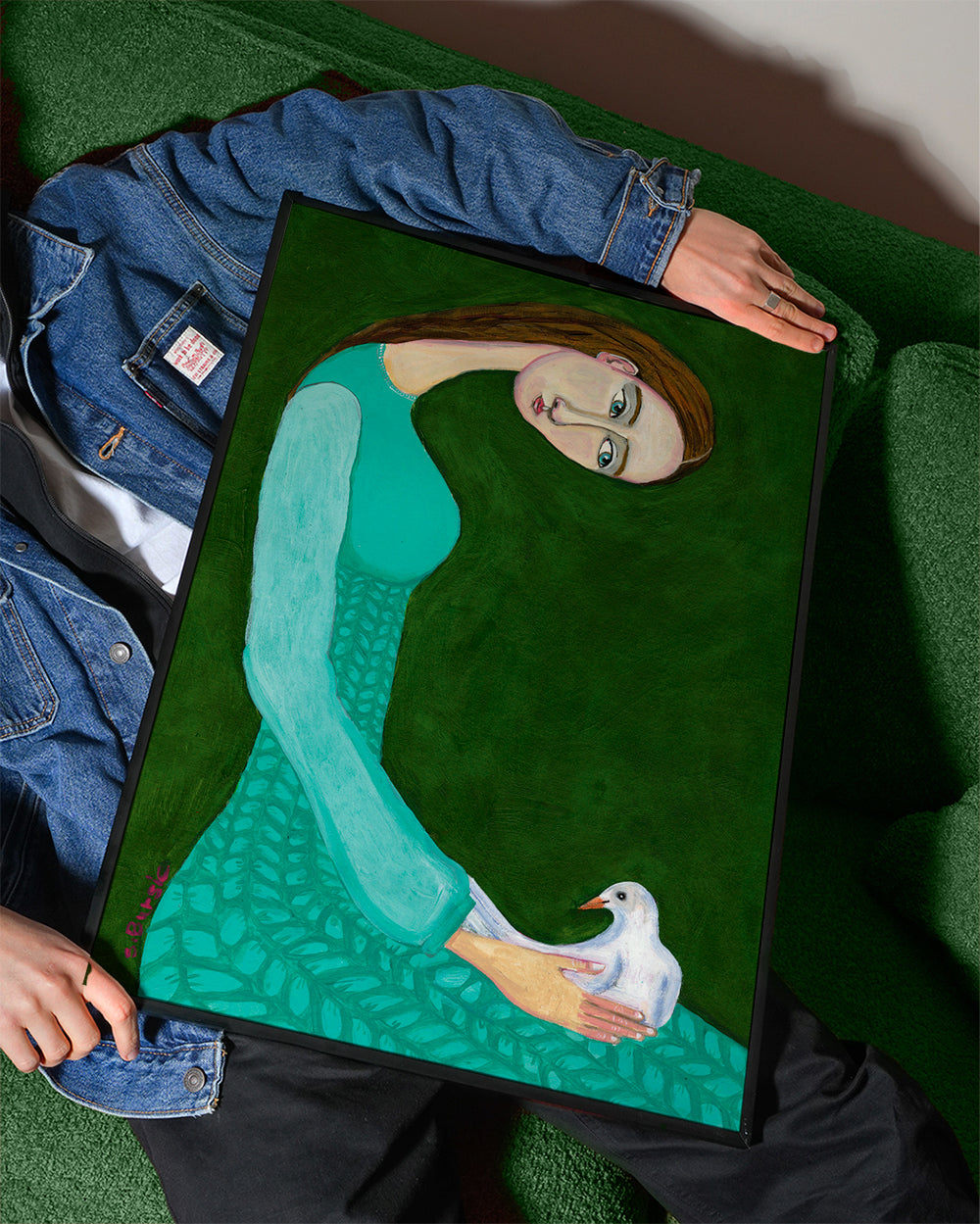 Lady sitting with white dove bird woman