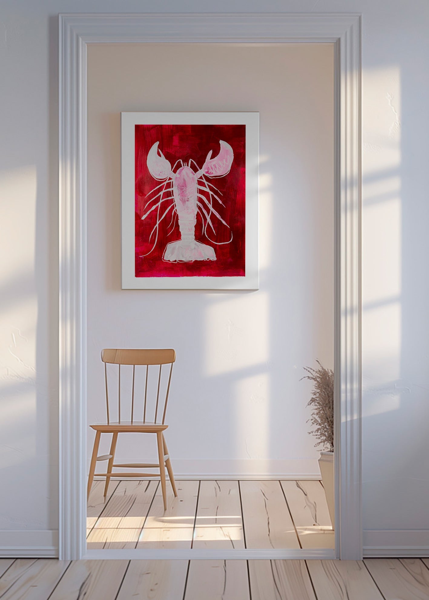 Cuadro de cocina: langosta blanca sobre fondo rojo – Canvas