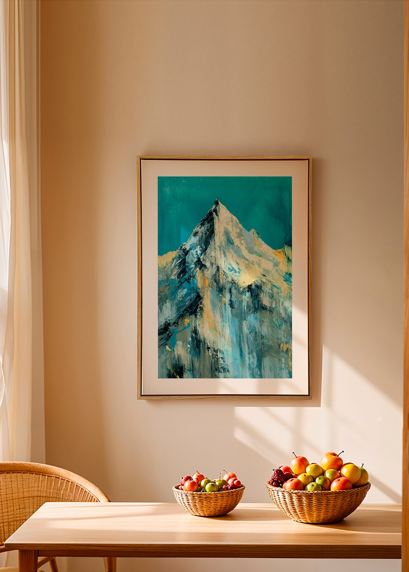 Cuadro de paisaje con pico nevado y lavados turquesa – Canvas1