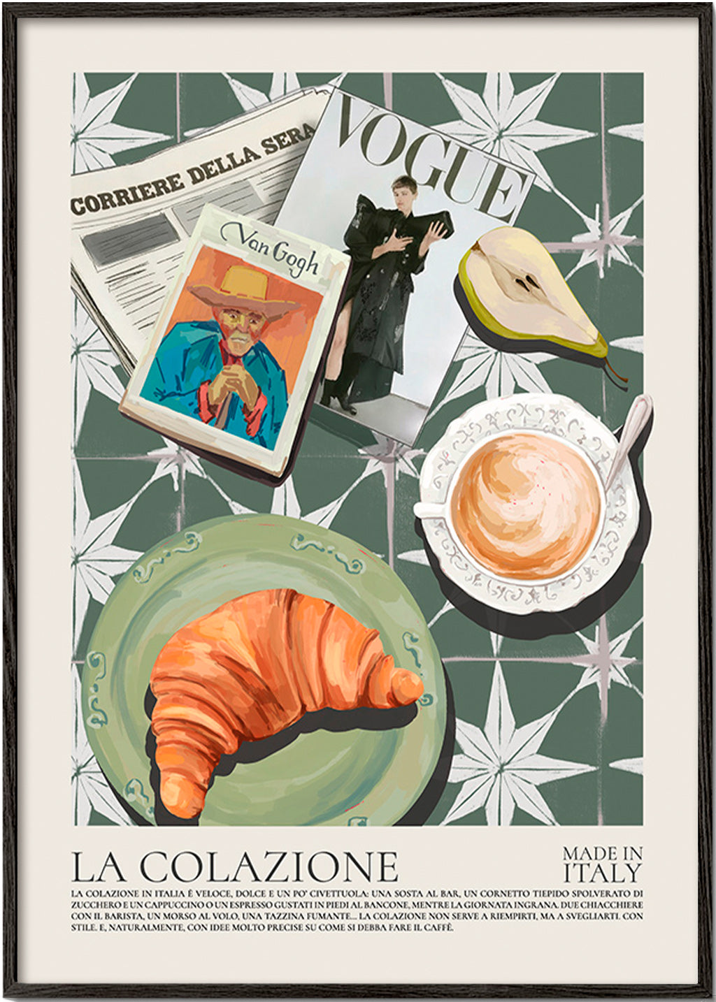 Cuadro de cocina con croissant y revista – Black Frame