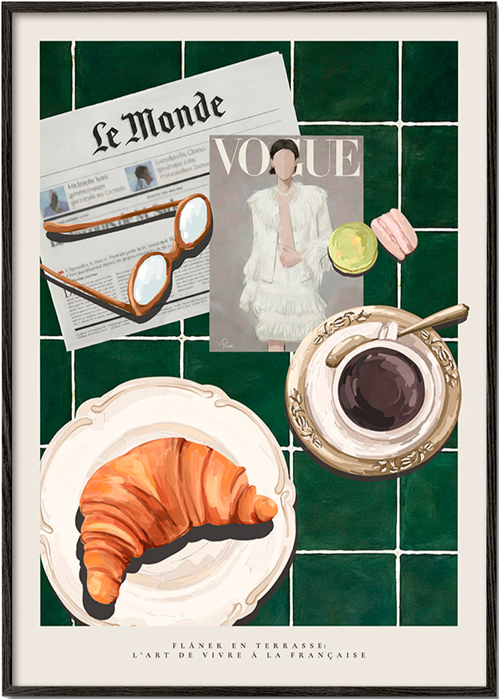 Cuadro de cocina con croissant y café – Black Frame