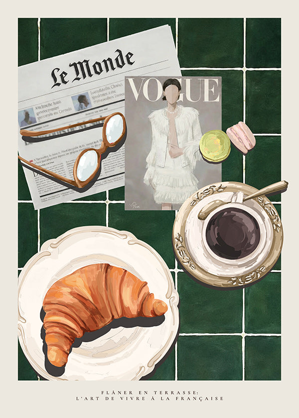 Cuadro de cocina con croissant y café