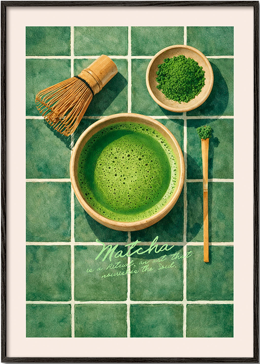 Cuadro de cocina: Matcha y utensilios – Black Frame