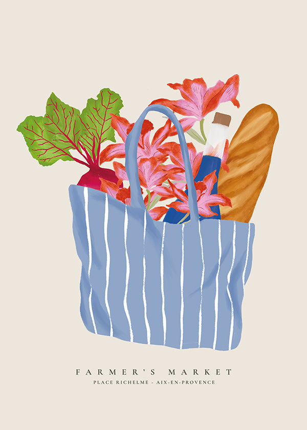 Cuadro de cocina con bolsa de mercado ilustrada