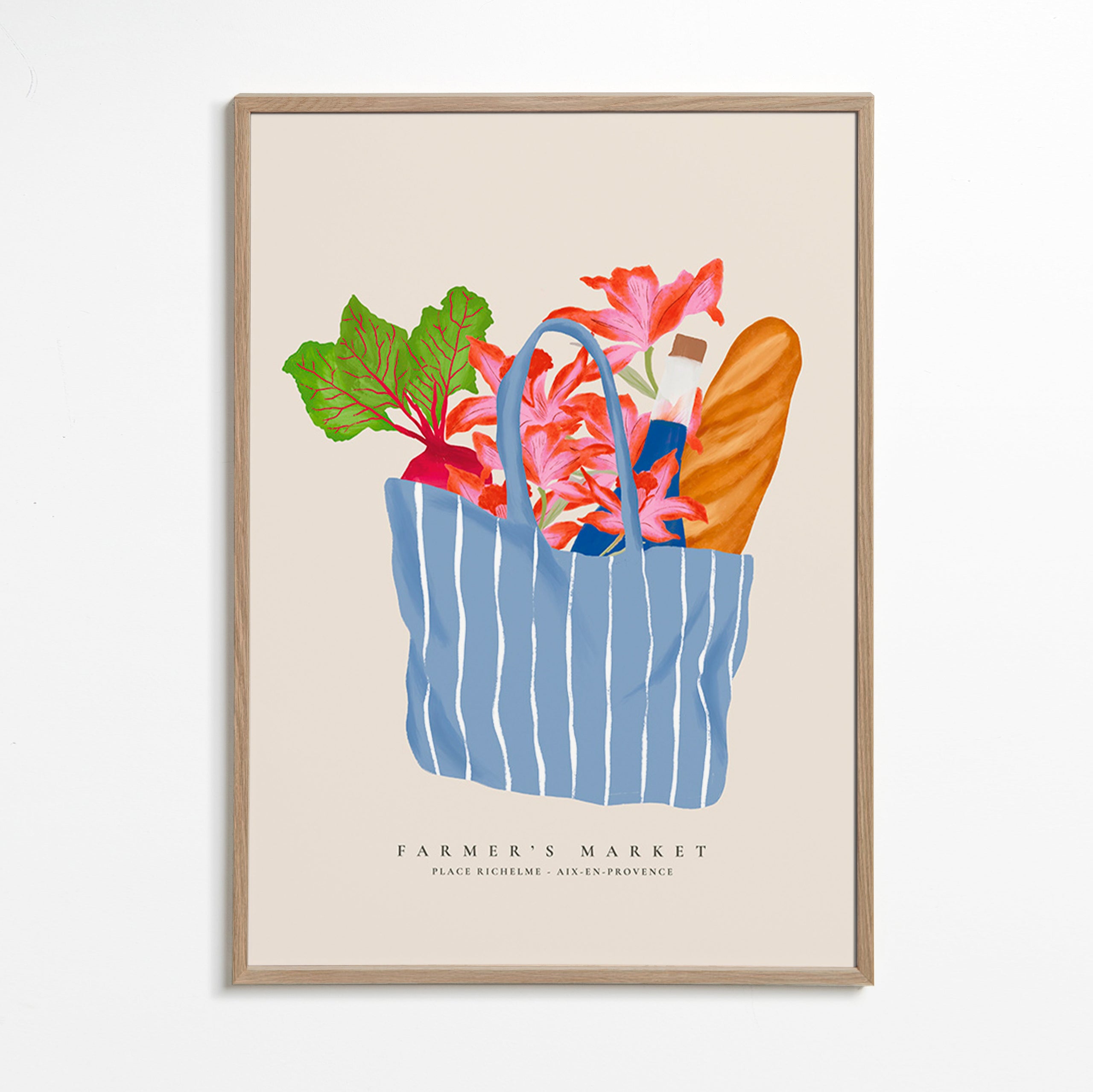Cuadro de cocina con bolsa de mercado ilustrada – Oak Frame