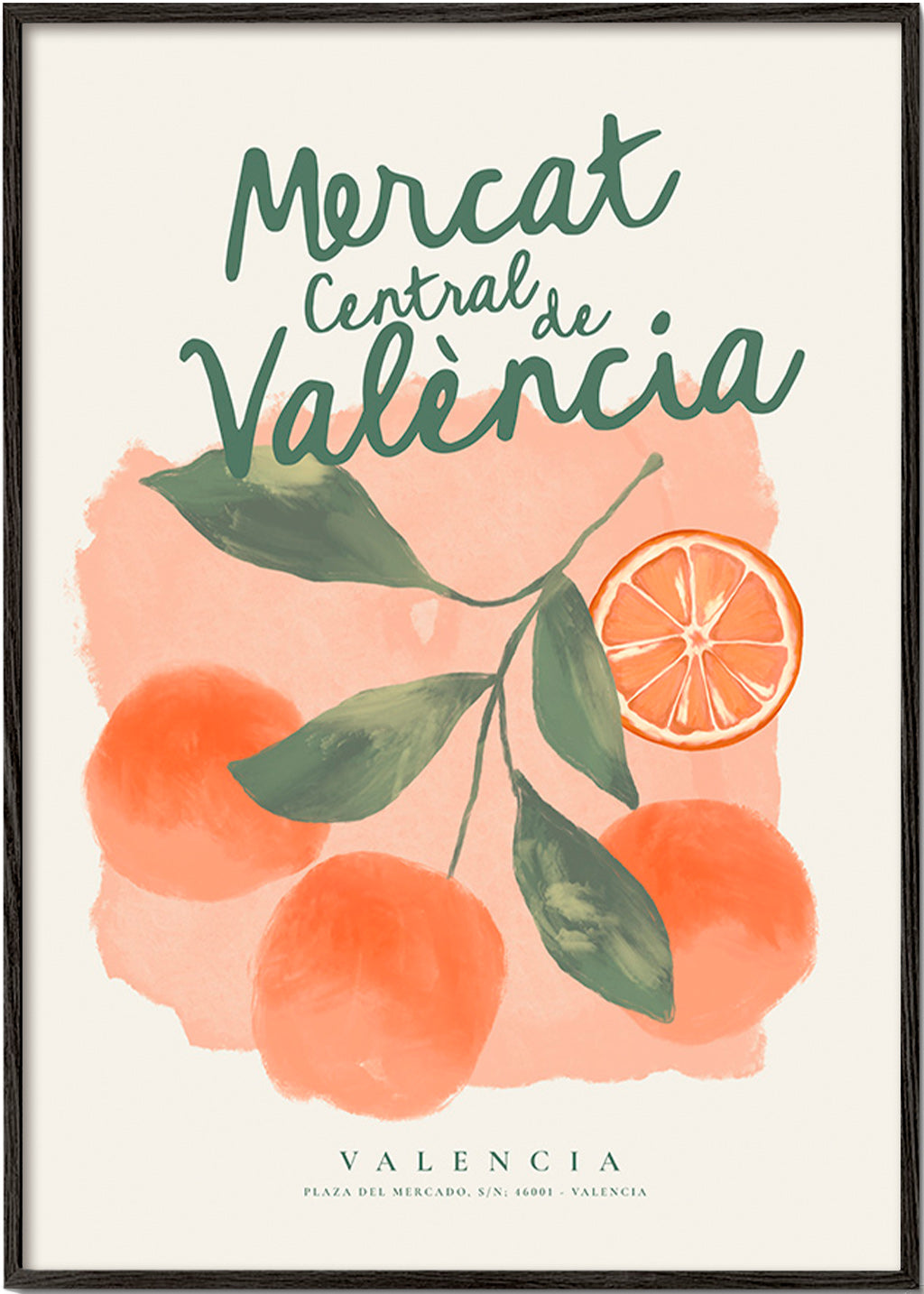 Cuadro de cocina Mercat Central con naranjas – Black Frame