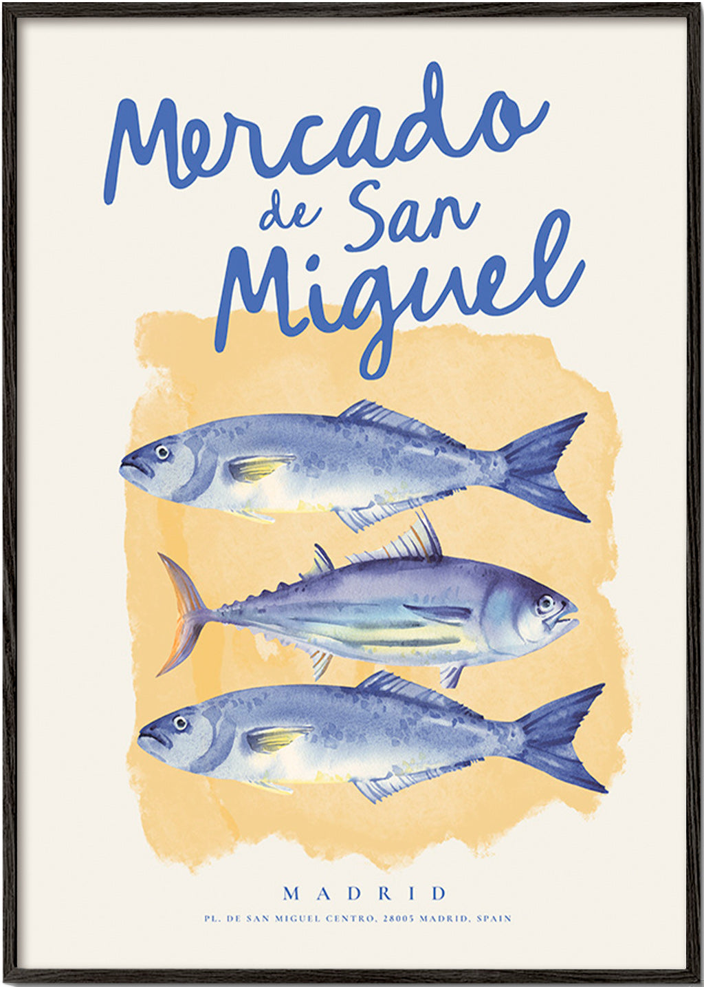 Cuadro de cocina Mercado de San Miguel con peces azules – Black Frame