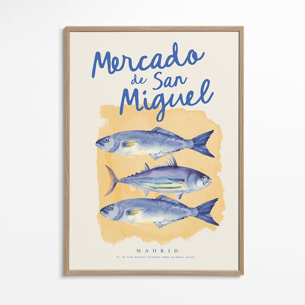 Cuadro de cocina Mercado de San Miguel con peces azules – Oak Frame