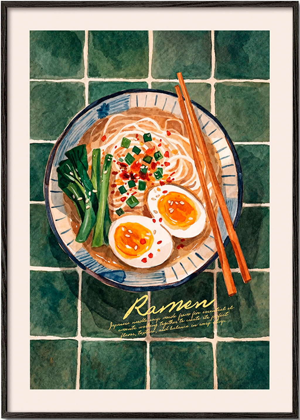 Cuadro de cocina Ramen en acuarela – Black Frame