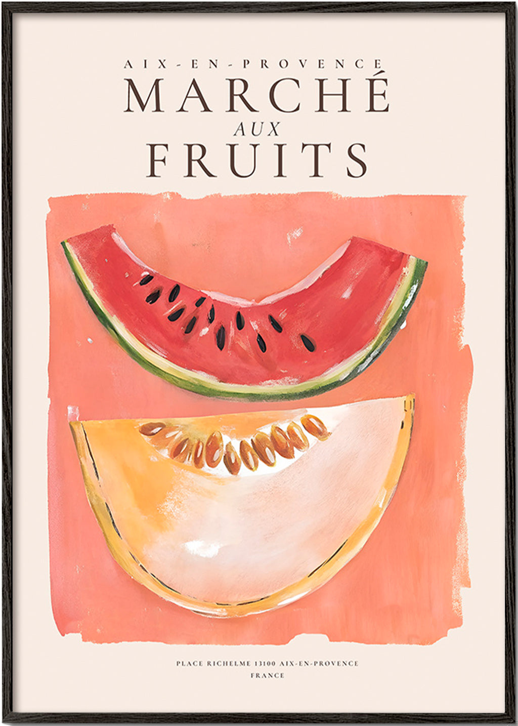 Cuadro de cocina Marche aux Fruits con melón y sandía – Black Frame
