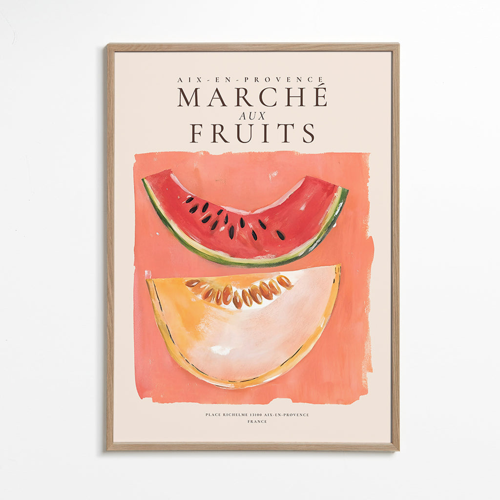 Cuadro de cocina Marche aux Fruits con melón y sandía – Oak Frame