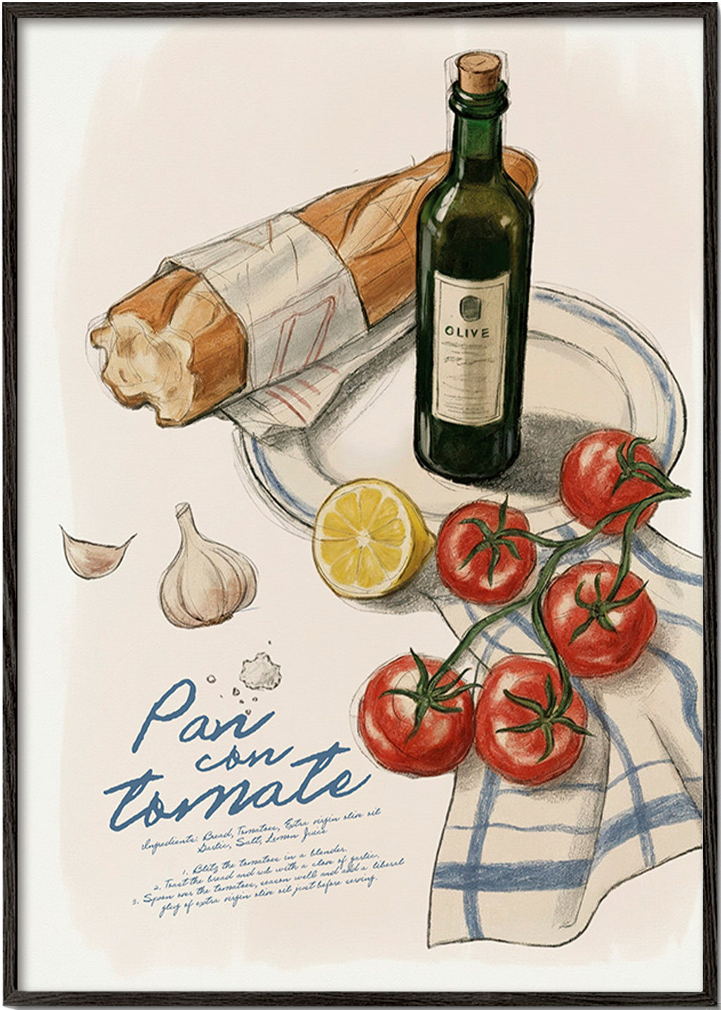 Cuadro de cocina Pan con tomate ilustrado – Black Frame