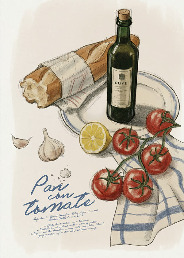 Cuadro de cocina Pan con tomate ilustrado