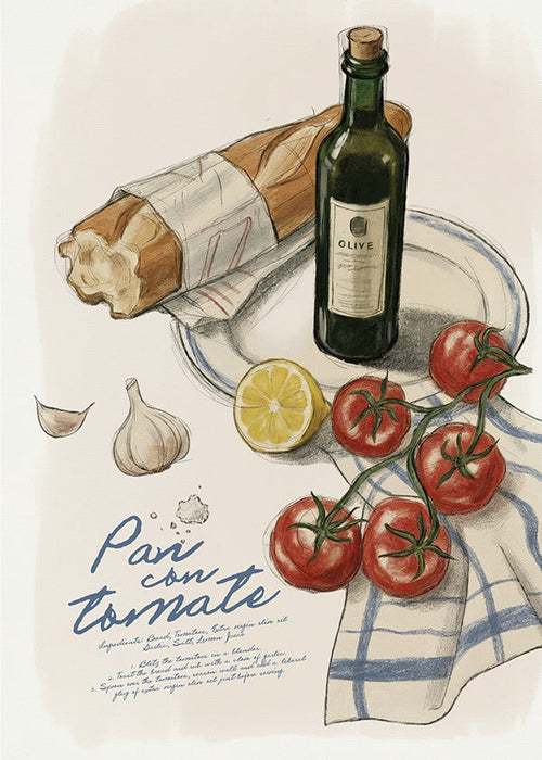 Cuadro de cocina Pan con tomate ilustrado