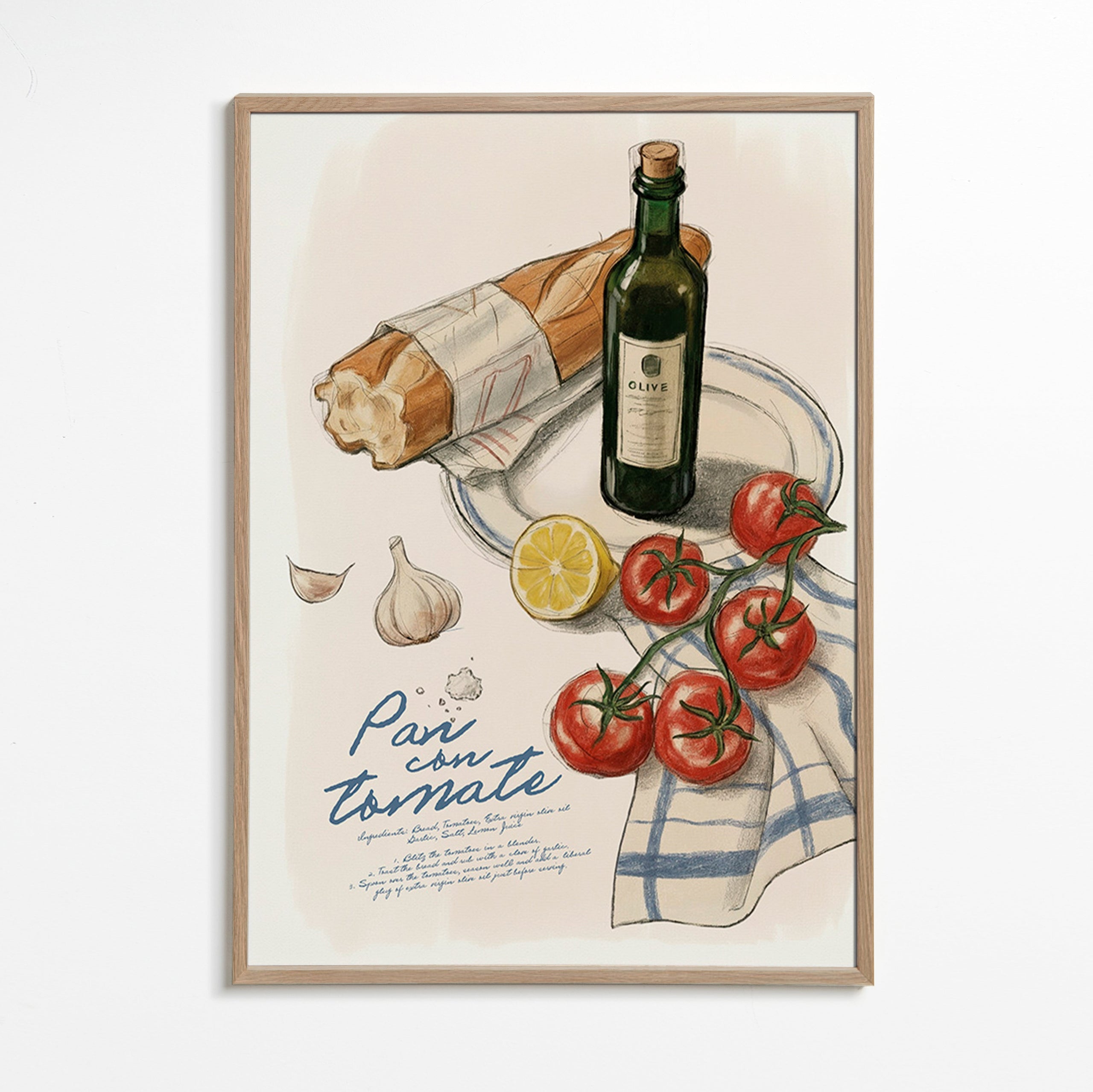 Cuadro de cocina Pan con tomate ilustrado – Oak Frame
