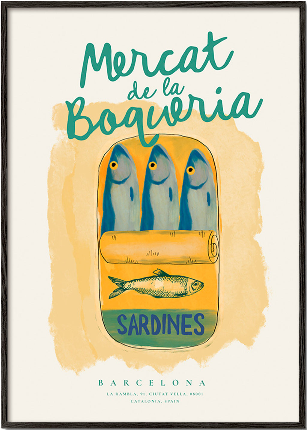 Cuadro de cocina Mercat de la Boqueria - sardinas en lata – Black Frame