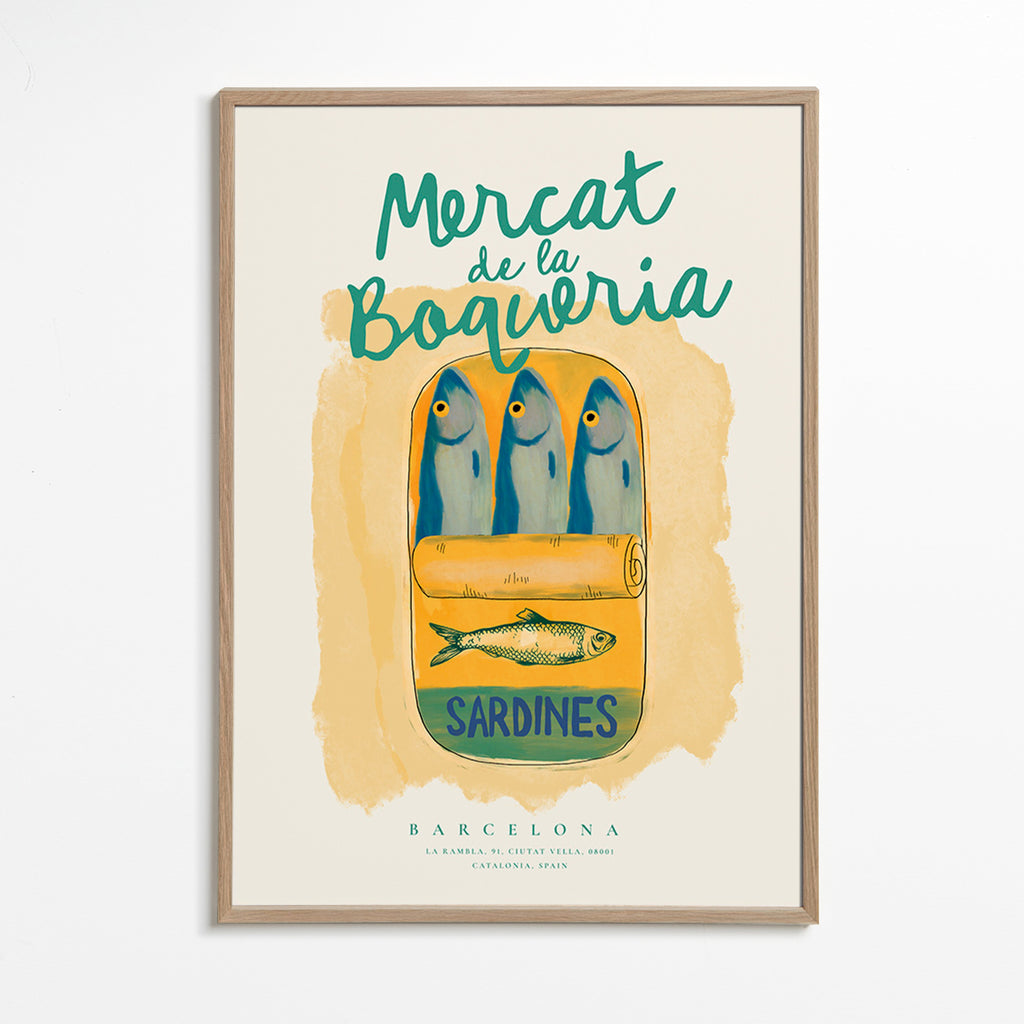 Cuadro de cocina Mercat de la Boqueria - sardinas en lata – Oak Frame