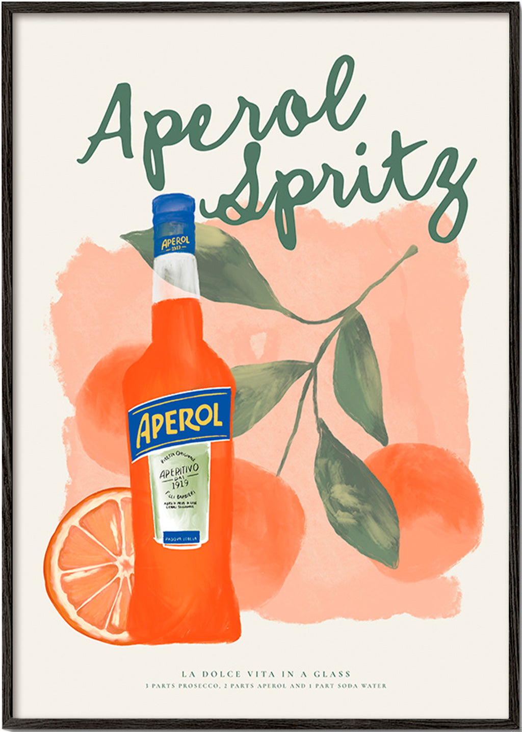 Cuadro de cocina Aperol Spritz con botella y naranjas – Black Frame