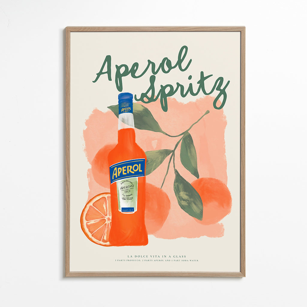 Cuadro de cocina Aperol Spritz con botella y naranjas – Oak Frame