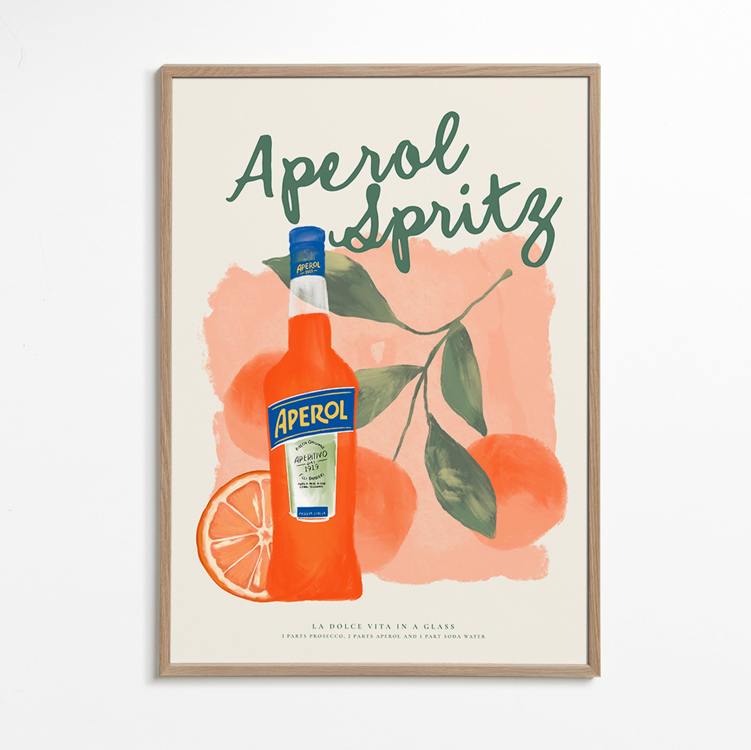 Cuadro de cocina Aperol Spritz con botella y naranjas – Oak Frame