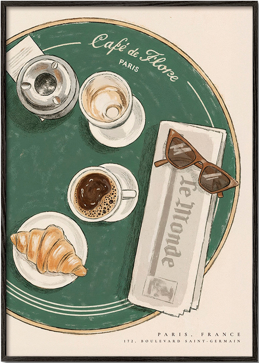 Cuadro de cocina Café de Flore con croissant ilustrado – Black Frame