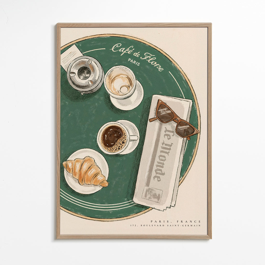 Cuadro de cocina Café de Flore con croissant ilustrado – Oak Frame