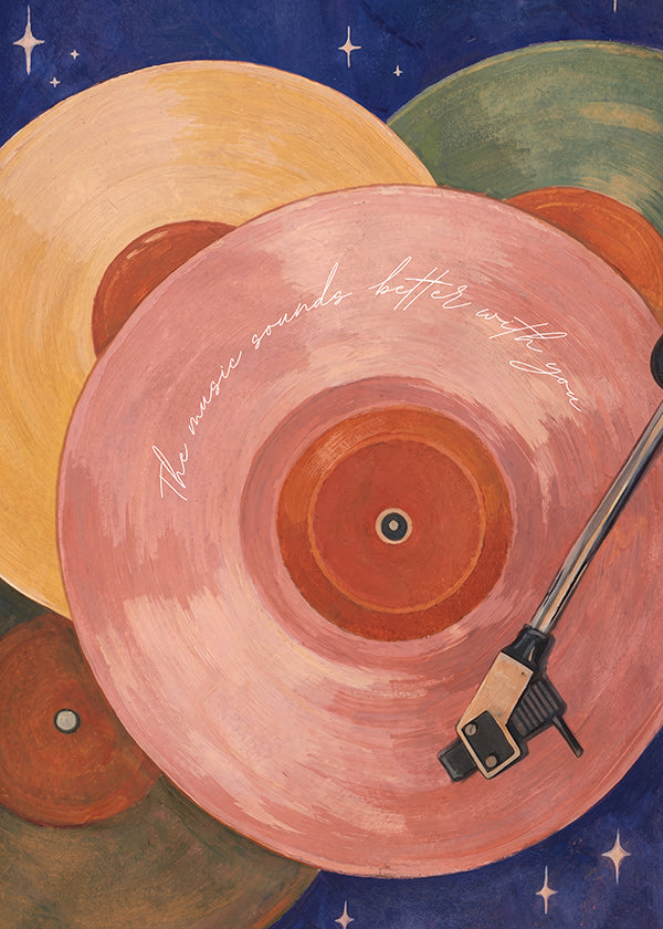 Ilustración vinilo rosa con brazo de tocadiscos