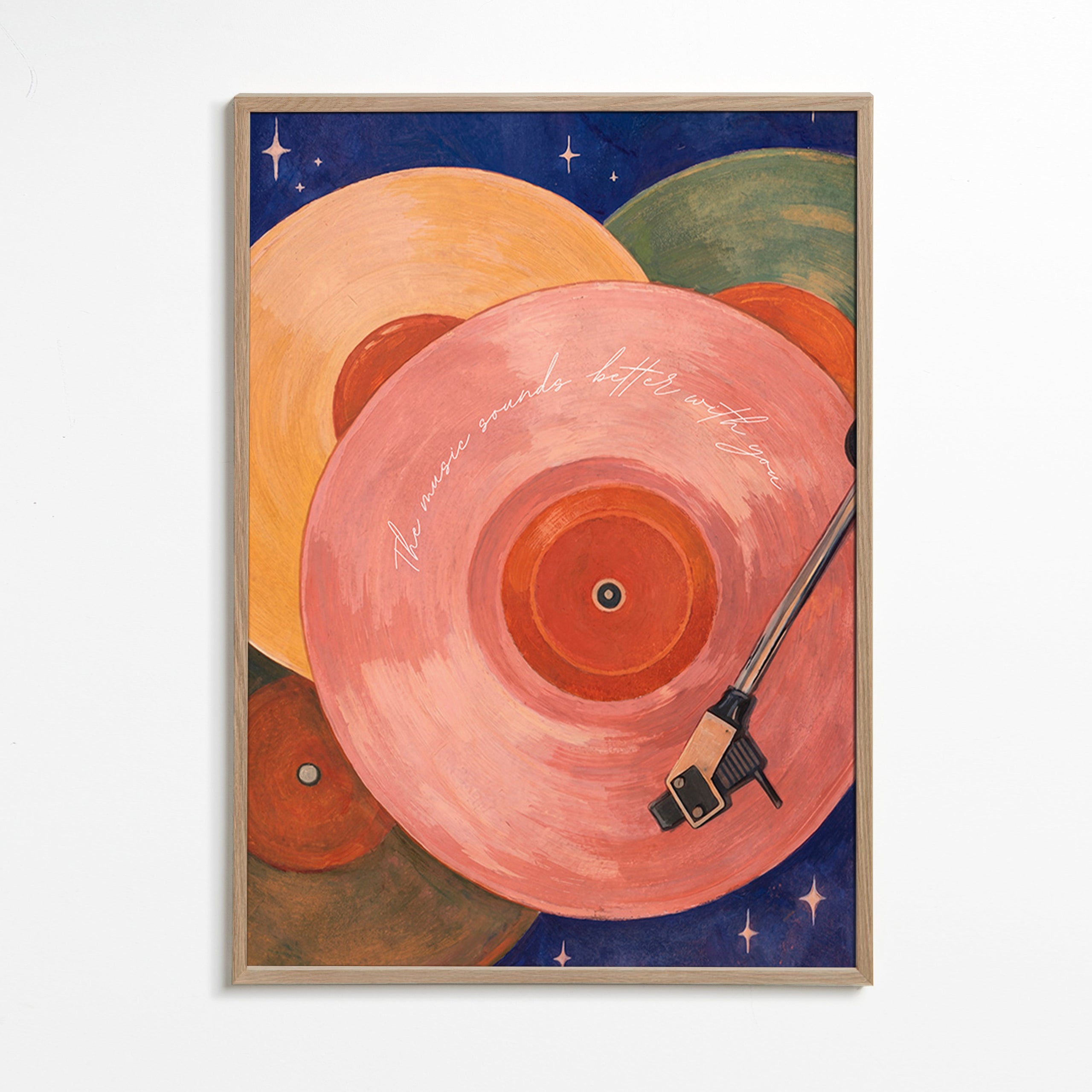 Ilustración vinilo rosa con brazo de tocadiscos – Oak Frame