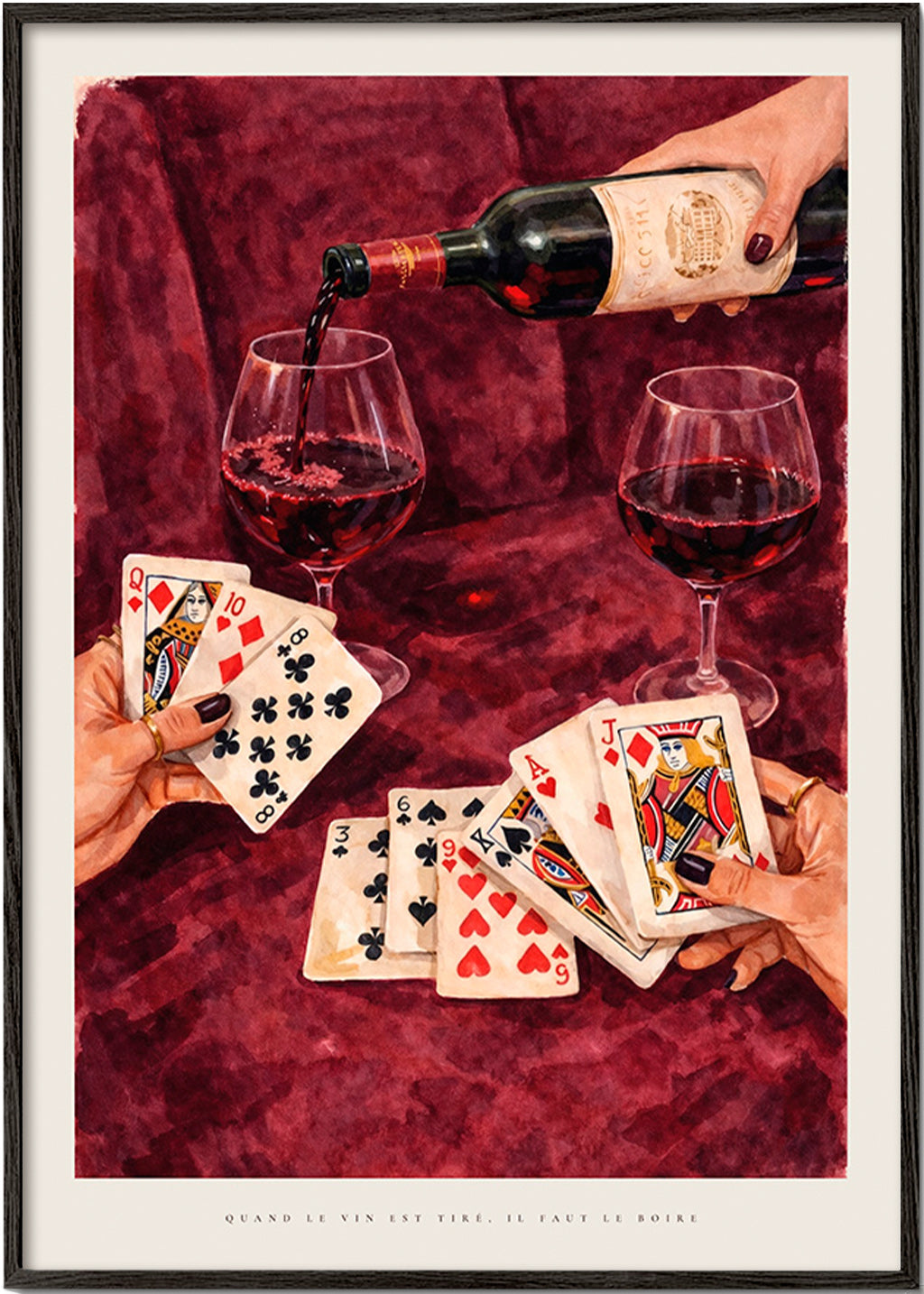 Cuadro de cocina con cartas y copa de vino – Black Frame