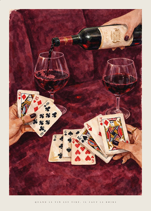 Cuadro de cocina con cartas y copa de vino