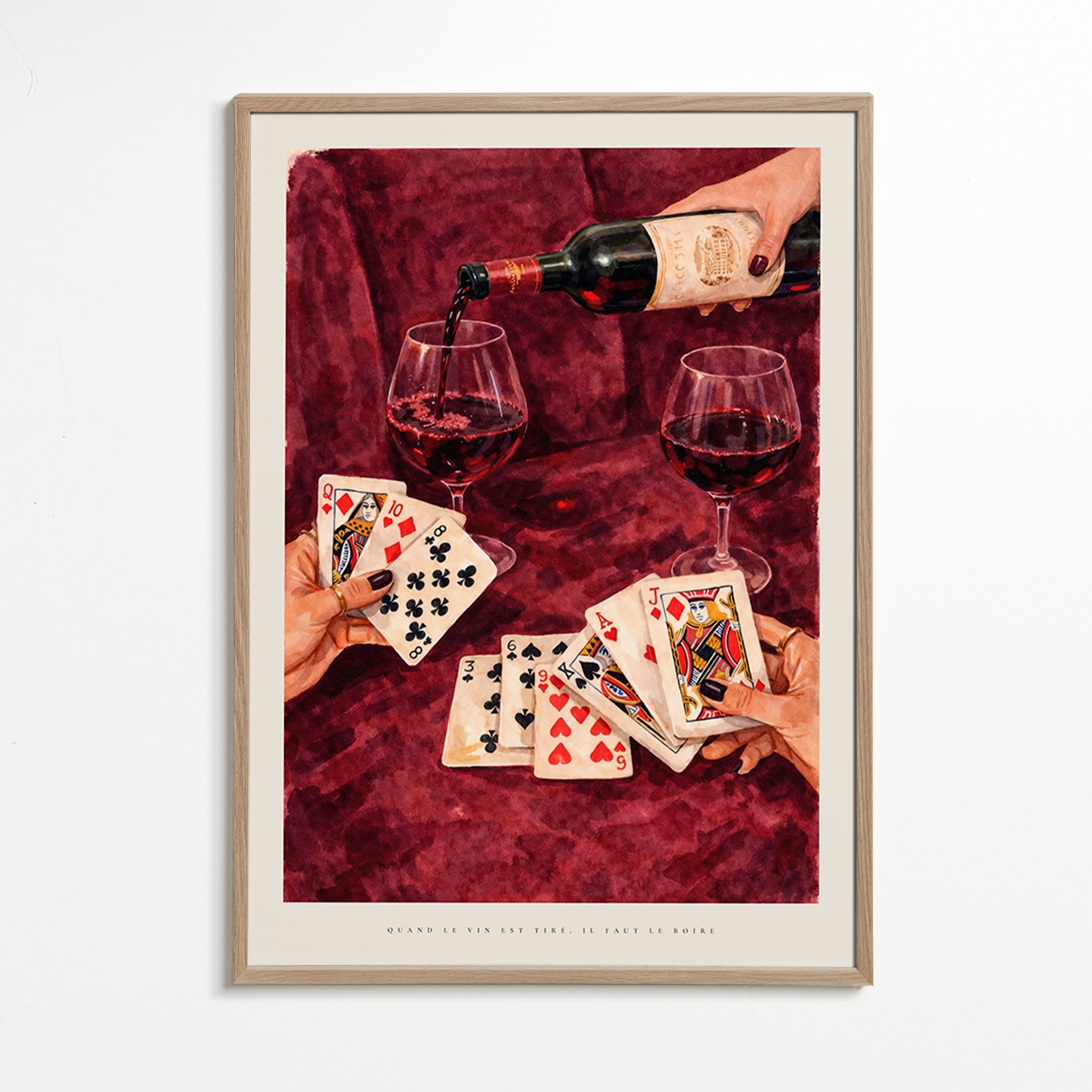 Cuadro de cocina con cartas y copa de vino – Oak Frame