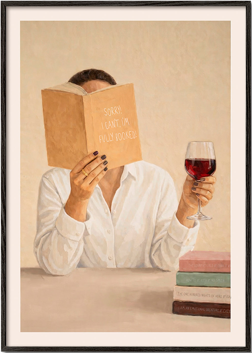 Cuadro de cocina con mujer leyendo y copa de vino – Black Frame