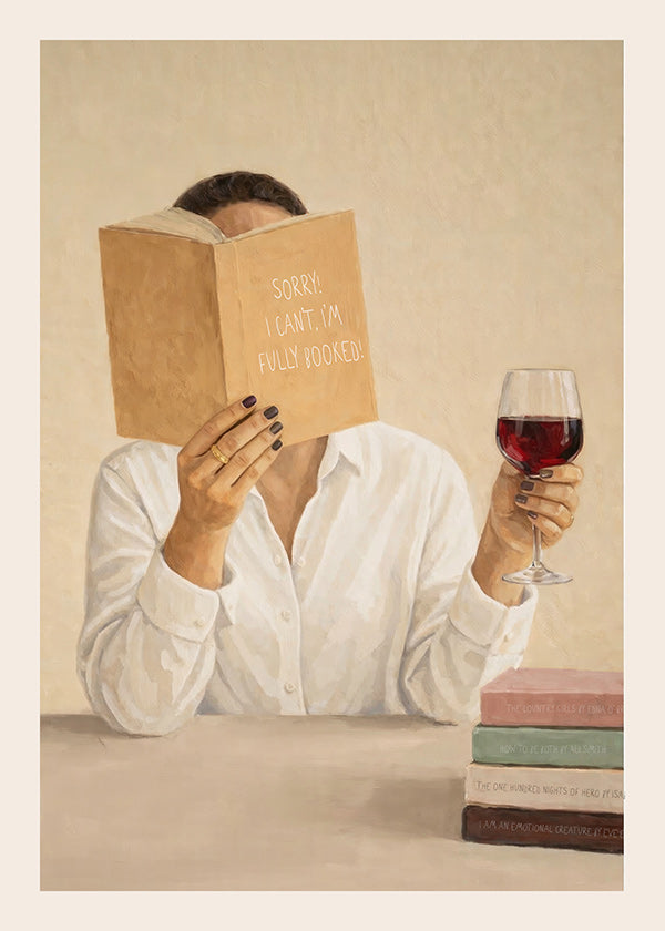 Cuadro de cocina con mujer leyendo y copa de vino