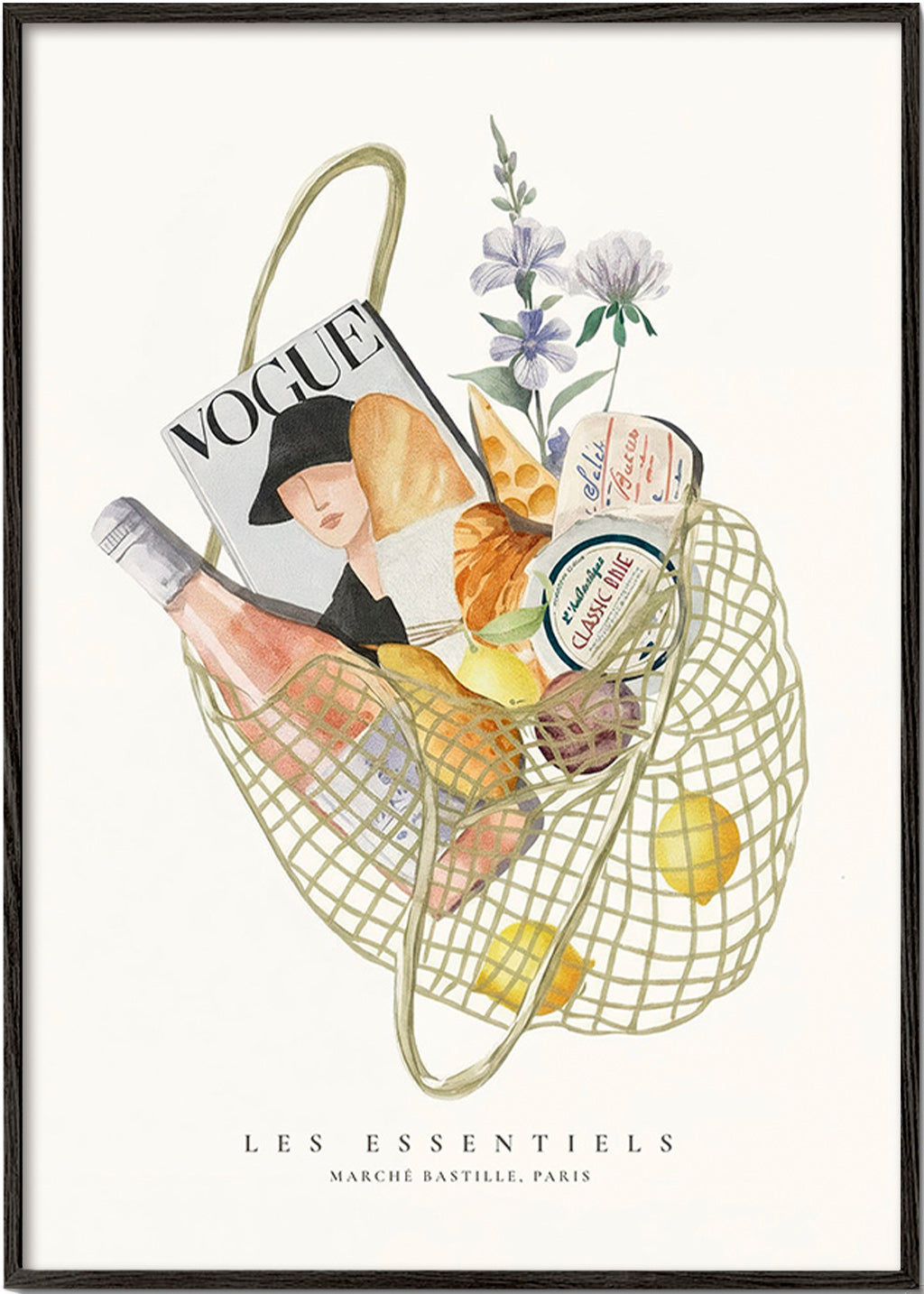 Cuadro de cocina con bolsa de mercado ilustrada – Black Frame