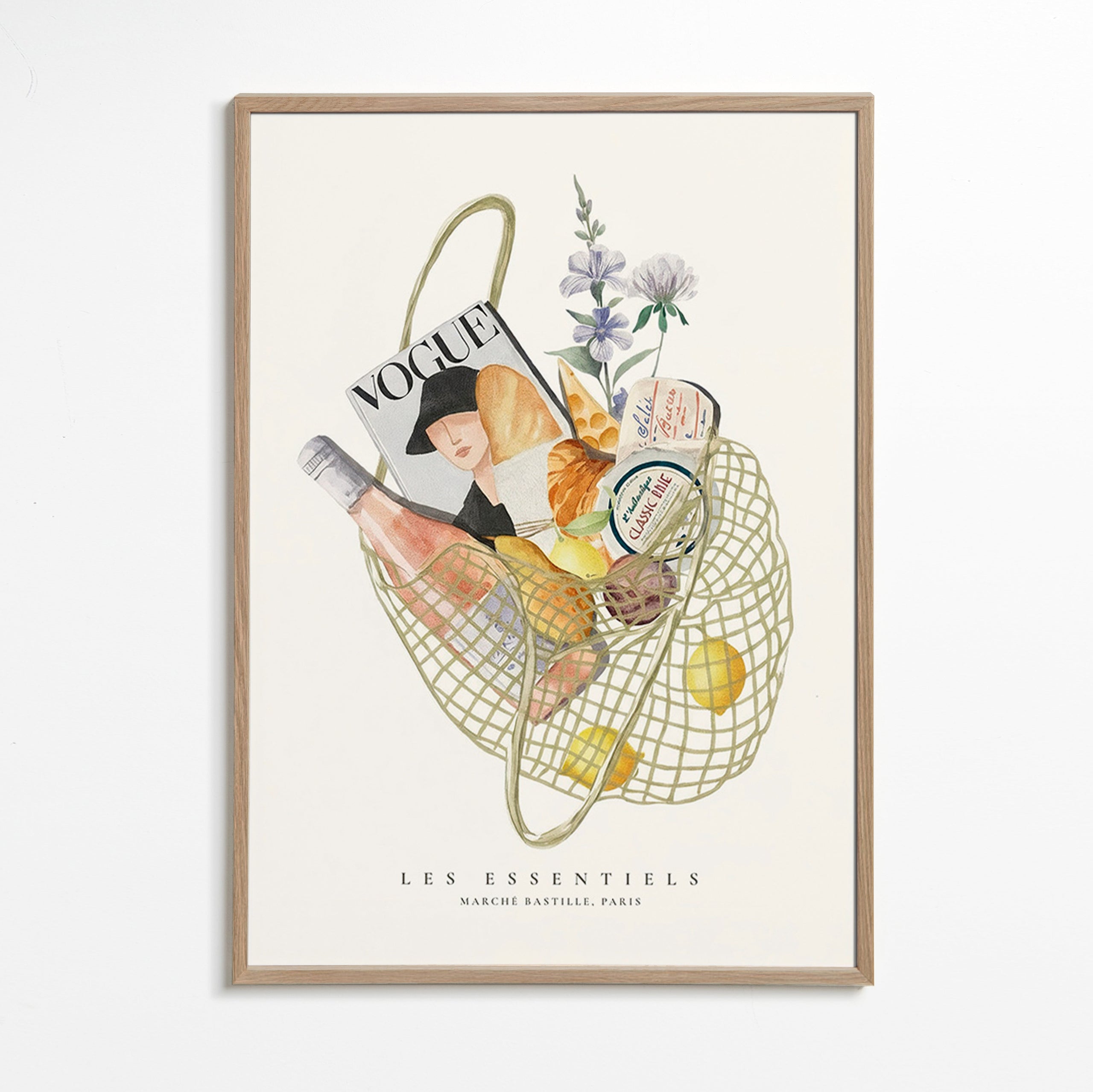 Cuadro de cocina con bolsa de mercado ilustrada – Oak Frame
