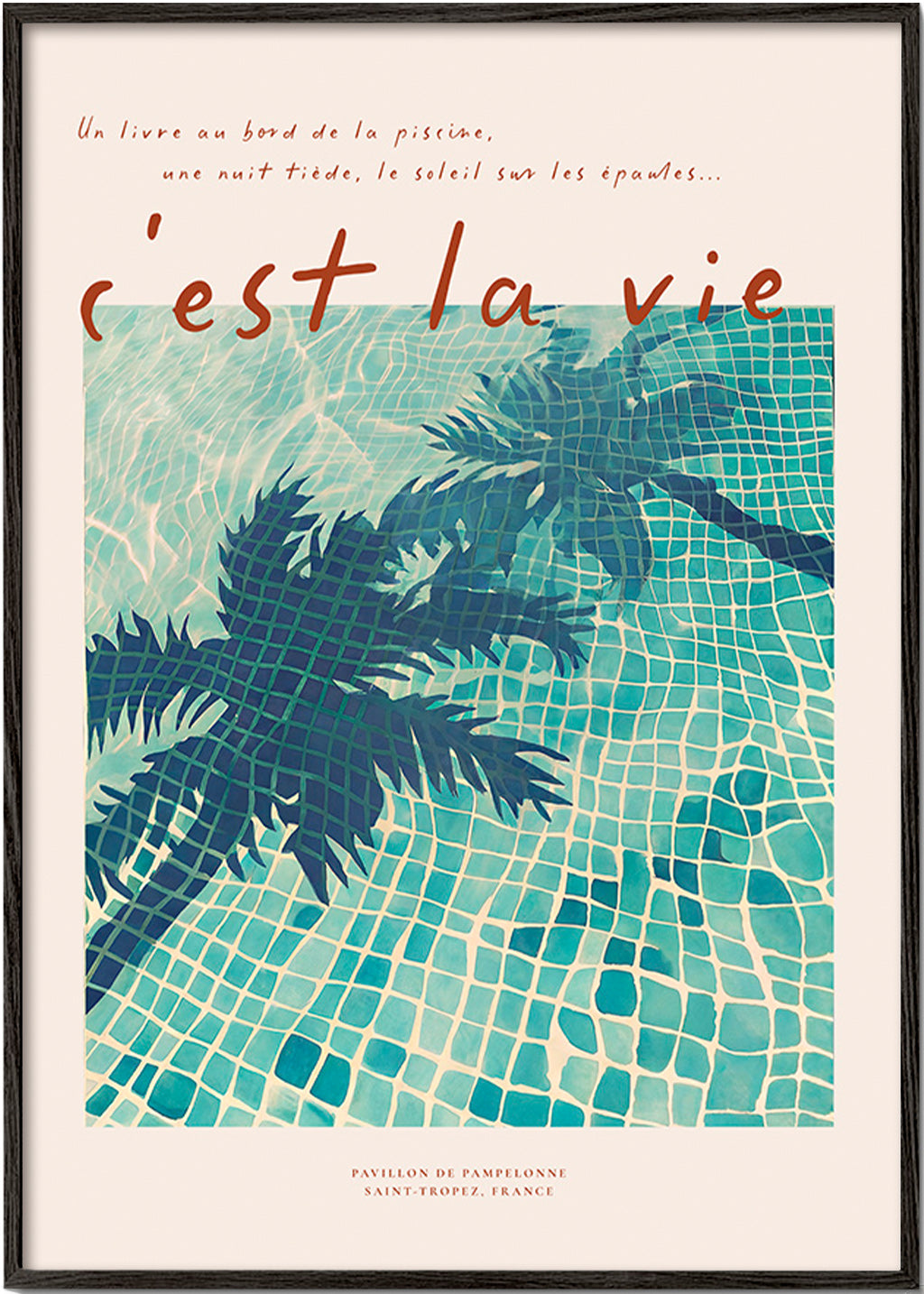Ilustración de piscina con palmeras – Black Frame
