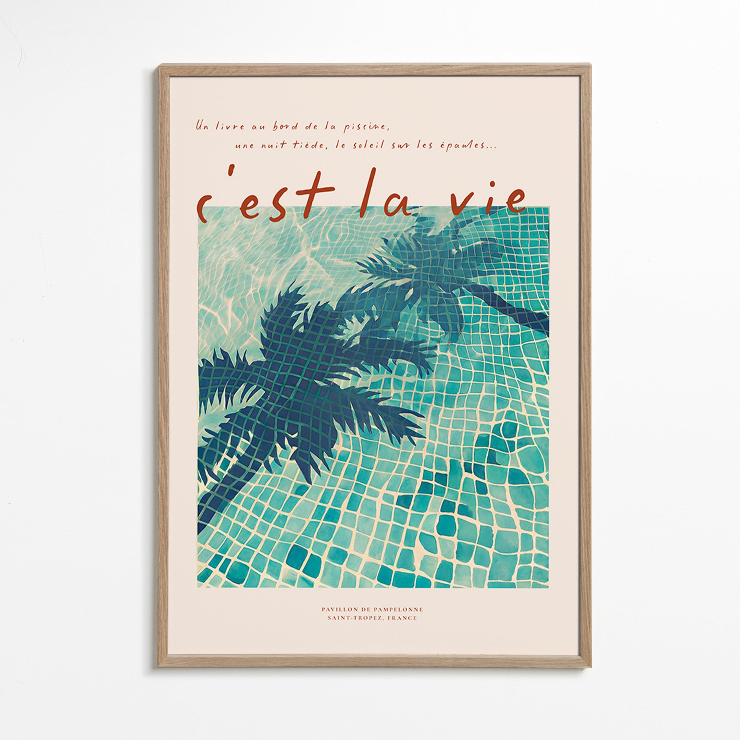 Ilustración de piscina con palmeras – Oak Frame