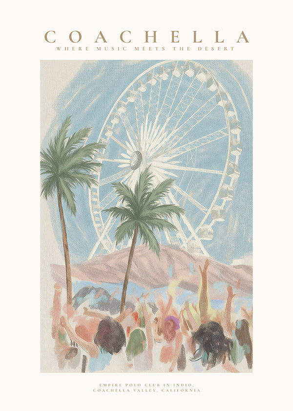 Ilustración Coachella con noria y palmeras