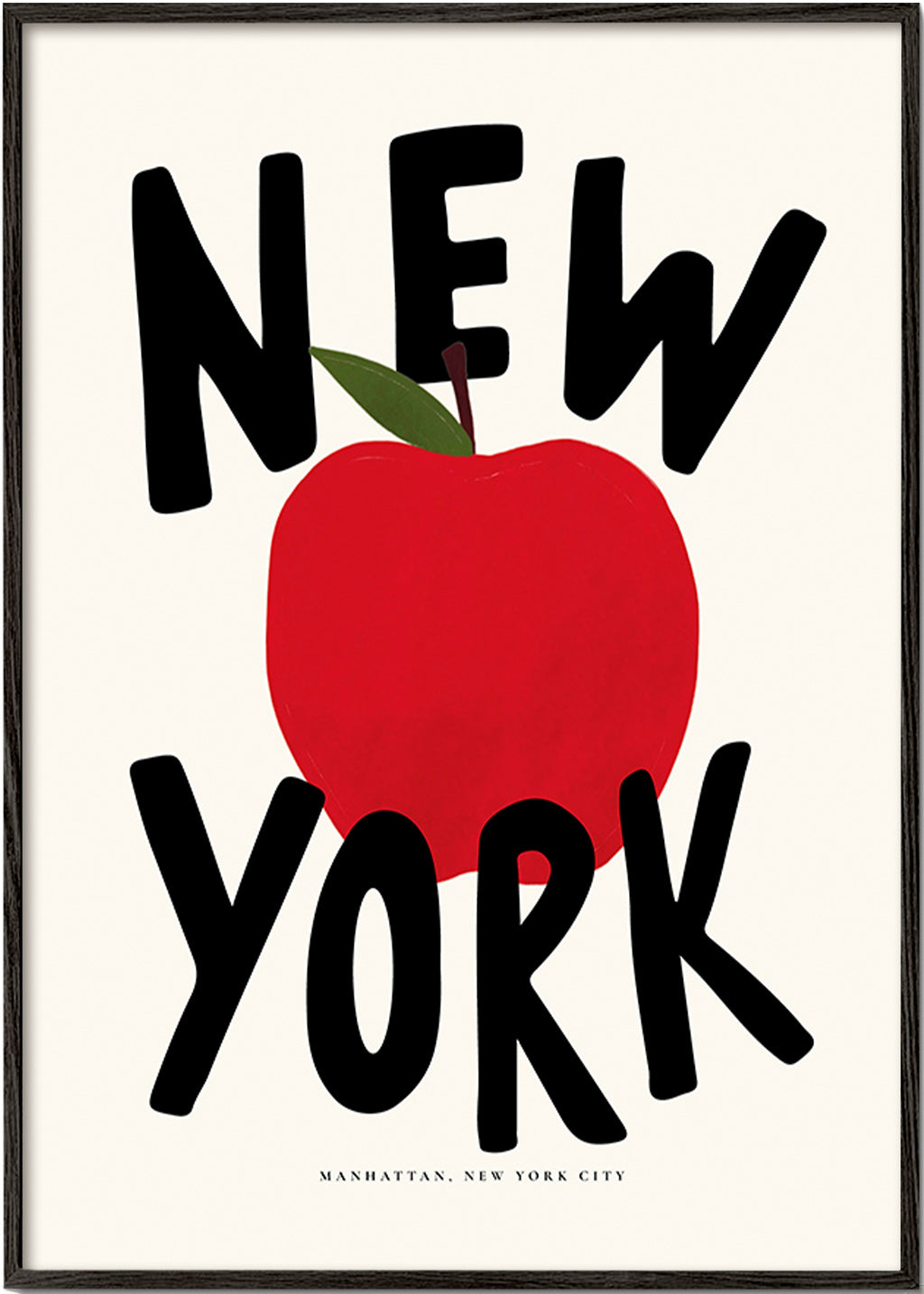Cuadro de ciudades New York con manzana roja tipográfica – Black Frame