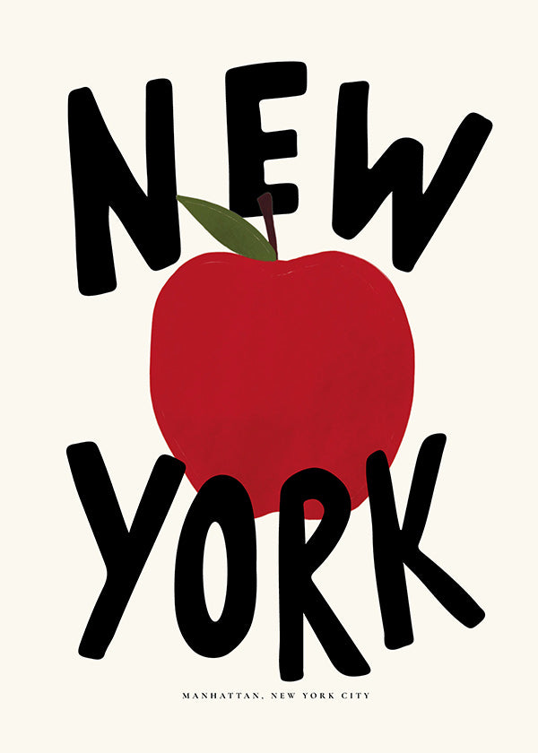 Cuadro de ciudades New York con manzana roja tipográfica