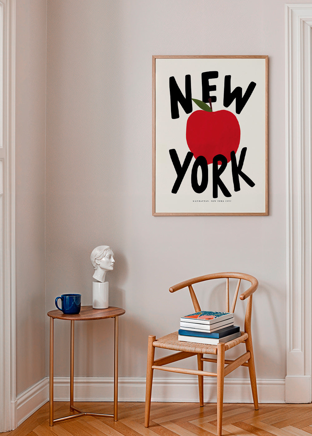 Cuadro de ciudades New York con manzana roja tipográfica – Product2