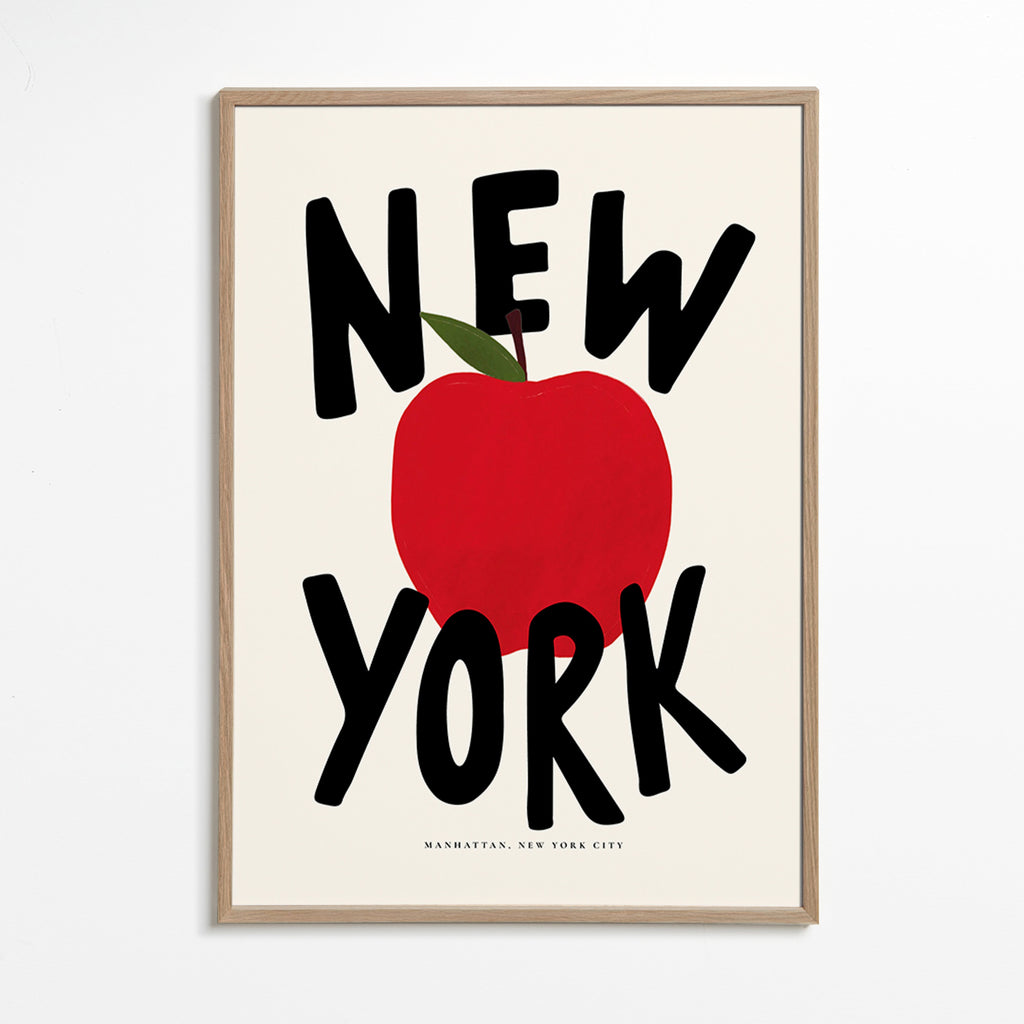 Cuadro de ciudades New York con manzana roja tipográfica – Oak Frame