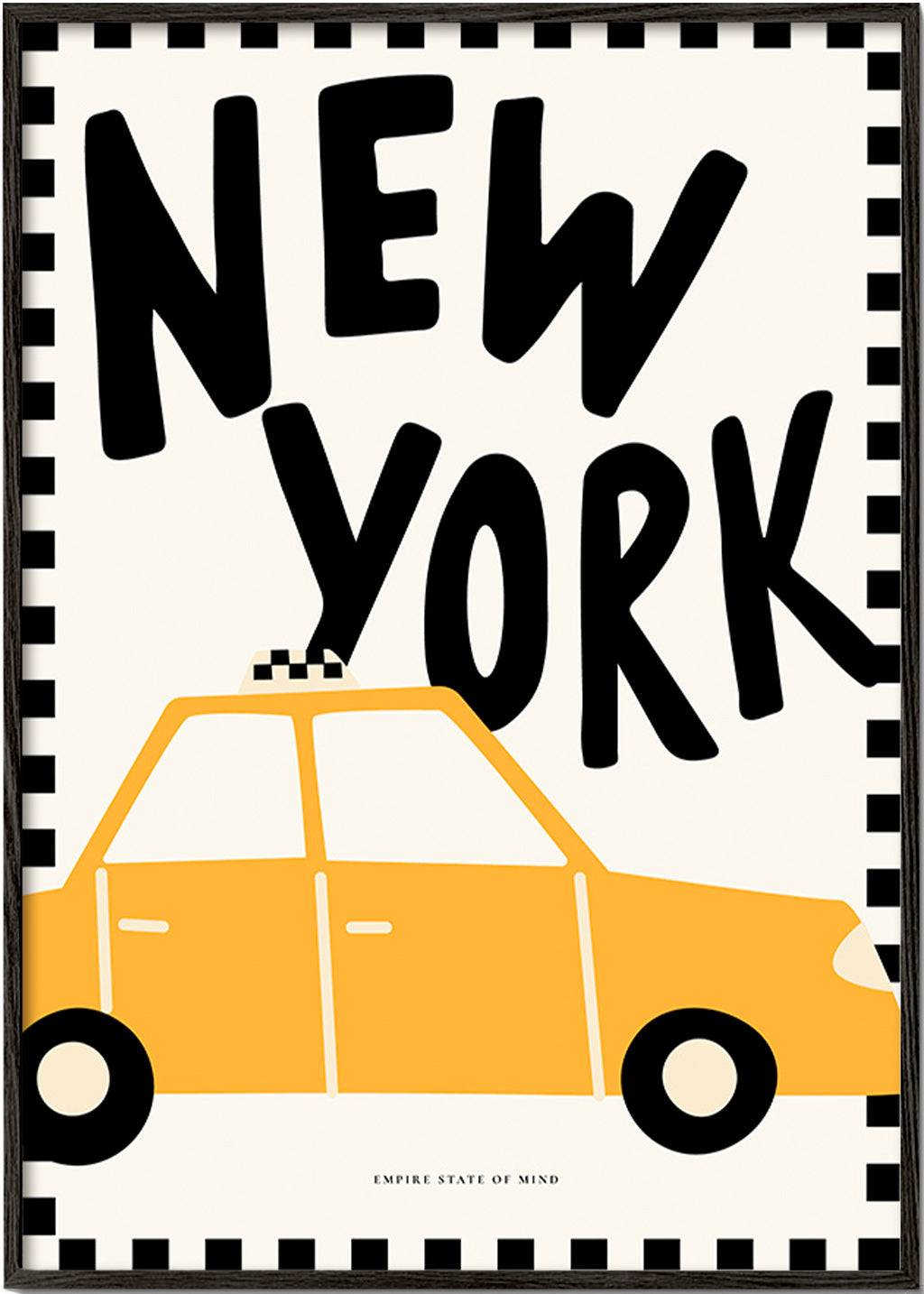 Cuadro de ciudades con taxi y tipografía New York – Black Frame