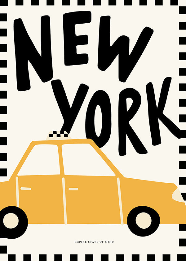 Cuadro de ciudades con taxi y tipografía New York