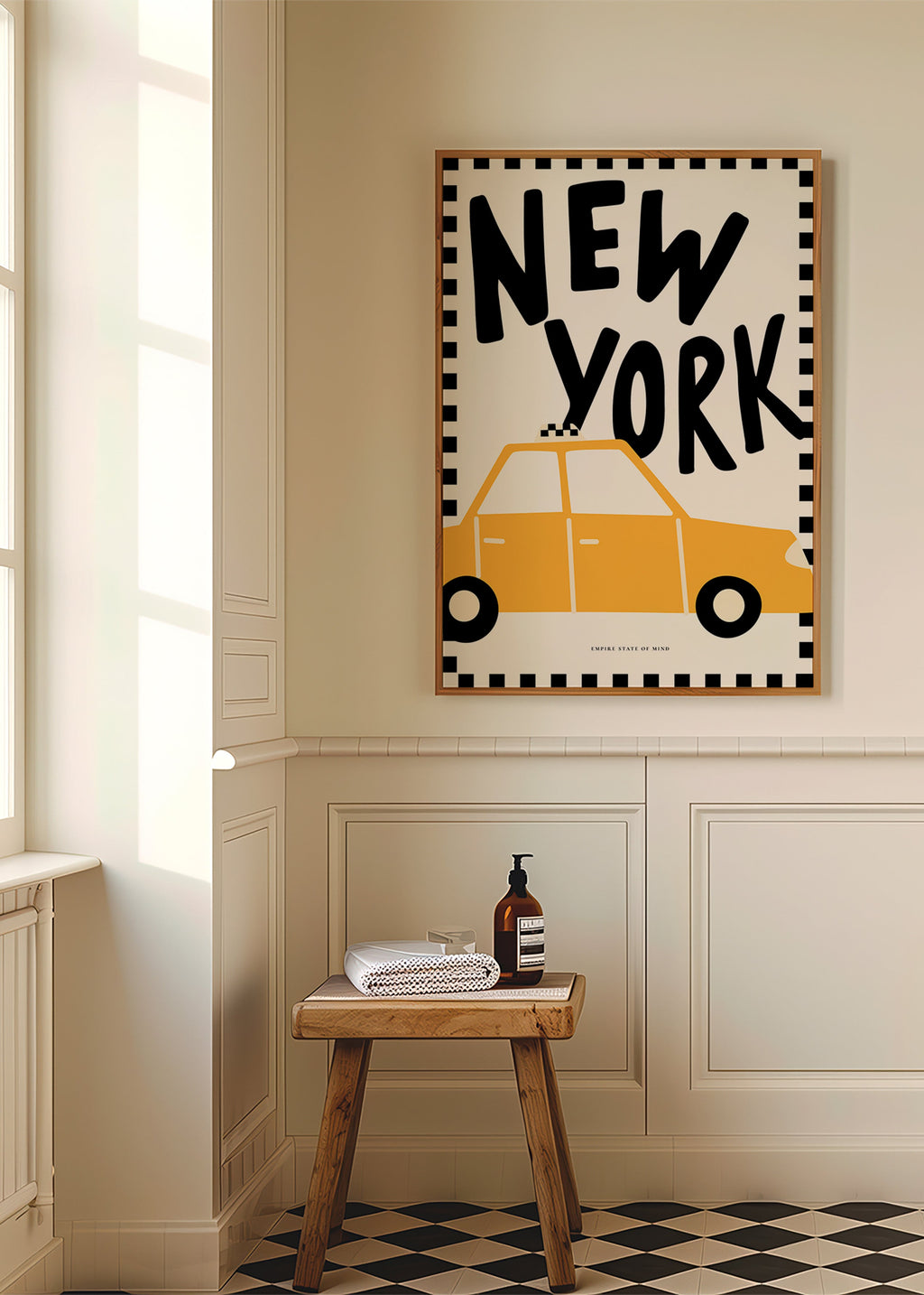 Cuadro de ciudades con taxi y tipografía New York – Product1