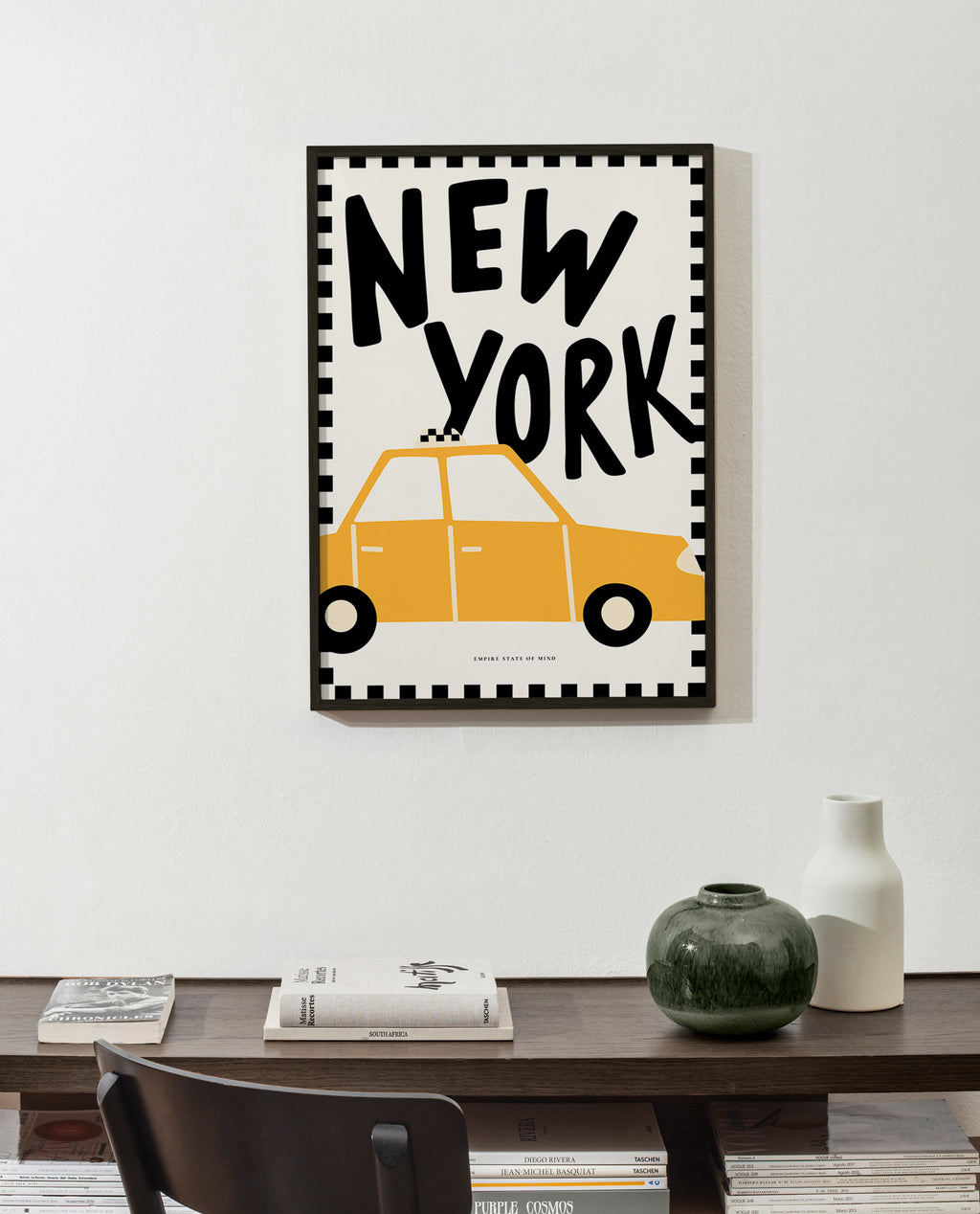 Cuadro de ciudades con taxi y tipografía New York – Product2