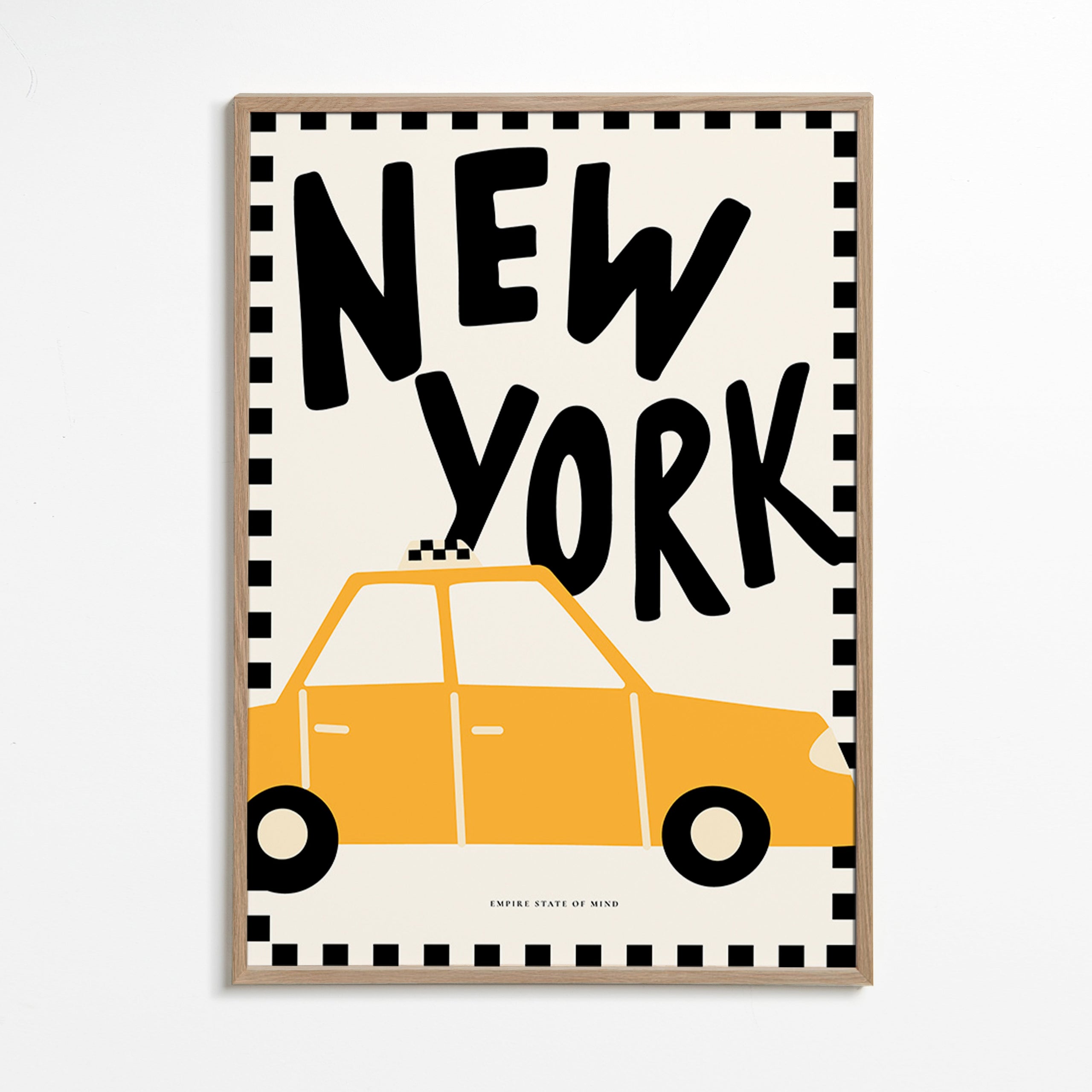 Cuadro de ciudades con taxi y tipografía New York – Oak Frame