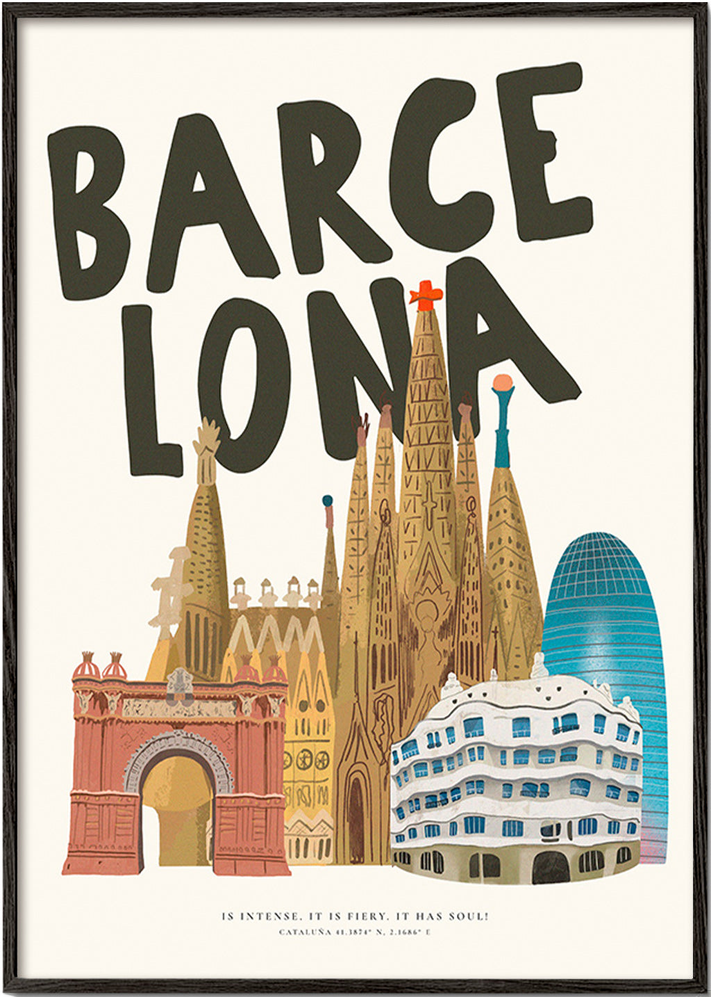 Cuadro de ciudades Barcelona ilustrada y tipográfica – Black Frame
