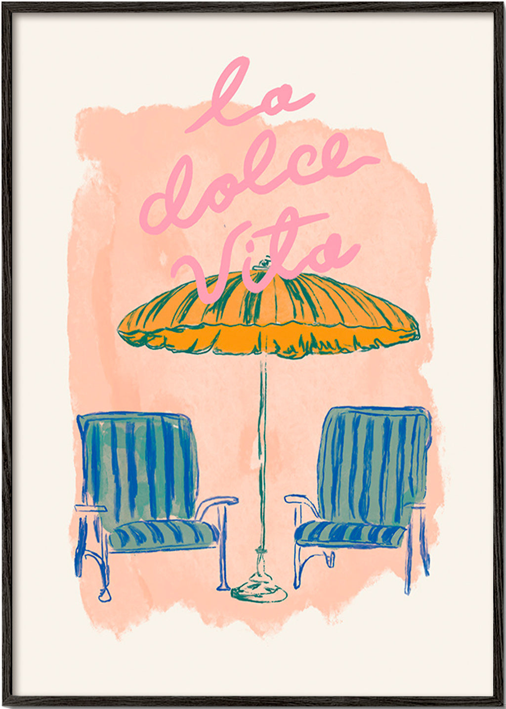 Ilustración La Dolce Vita con sombrilla y sillas – Black Frame