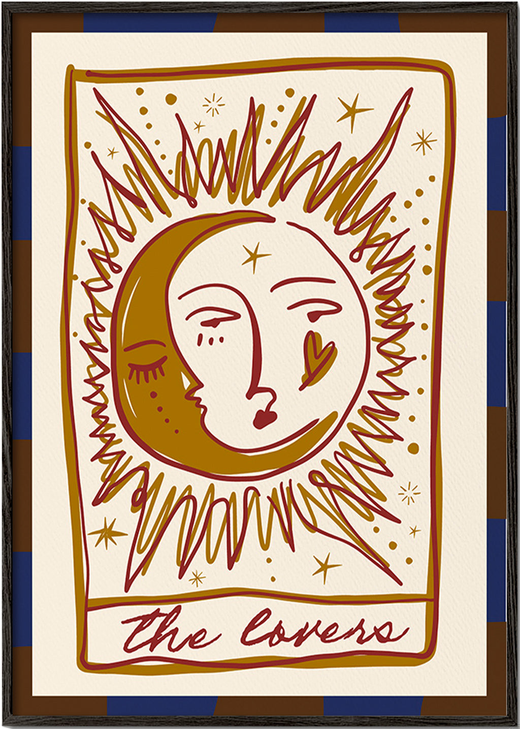 Ilustración tarot 'The Lovers' con sol y luna – Black Frame